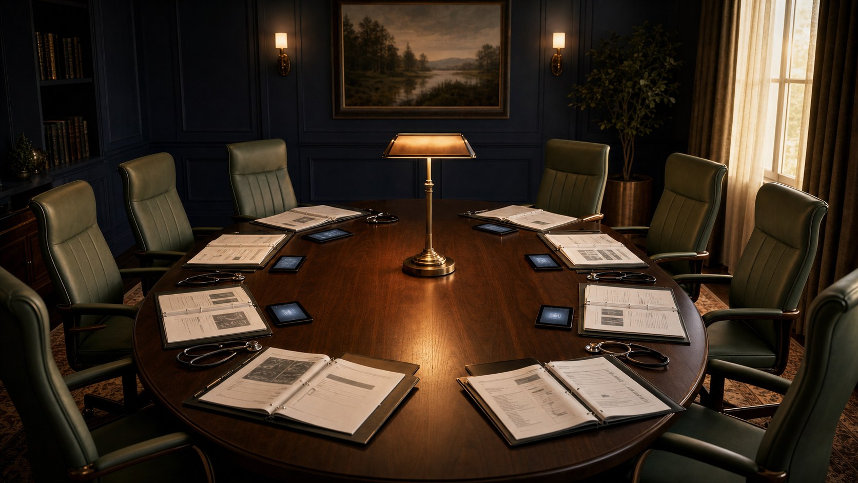 An empty boardroom with open patient charts at each seat and a warm brass desk lamp glowing in the center — the Clinical Advisory Board reviews every case before it becomes a treatment plan