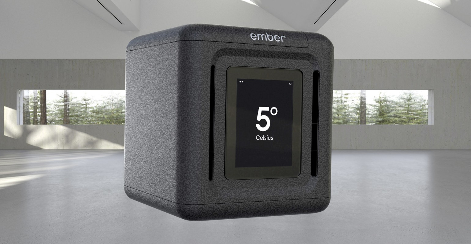 Ember Cube actively-refrigerated medical shipping container in a clean studio setting, front display showing 5° Celsius