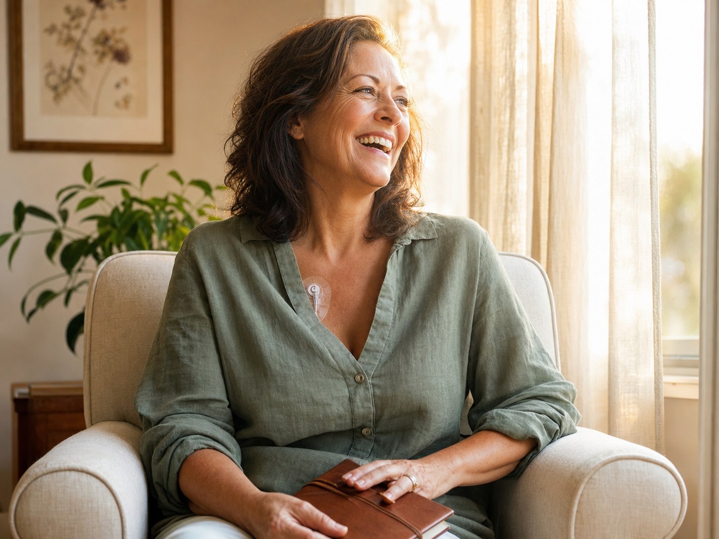 A QuantifyRx patient at home, mid-laugh in golden afternoon light, a small chest port visible at her collarbone