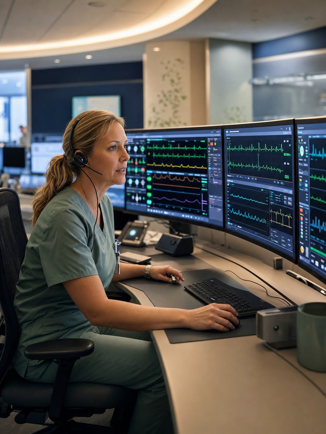 A QuantifyRx Virtual Command Center RN at a multi-monitor workstation, reviewing live patient physiology streams